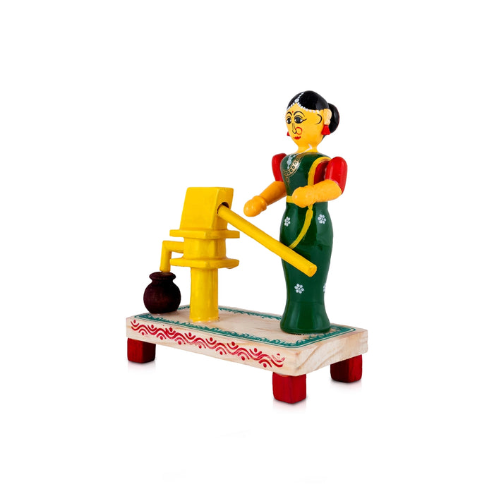 Kondapalli Bommalu - 8 x 6.5 Inches | Wooden Village Woman with Traditional Water Well Scene for Golu Display