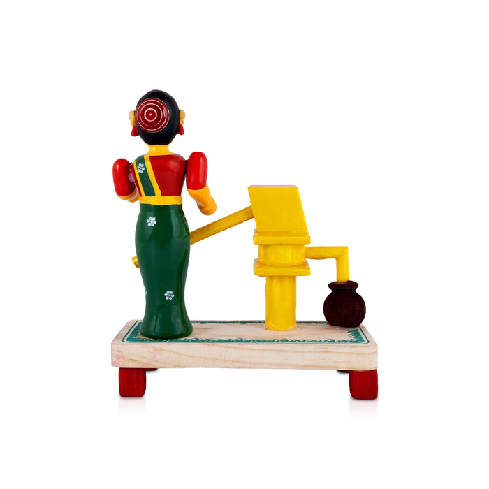 Kondapalli Bommalu - 8 x 6.5 Inches | Wooden Village Woman with Traditional Water Well Scene for Golu Display
