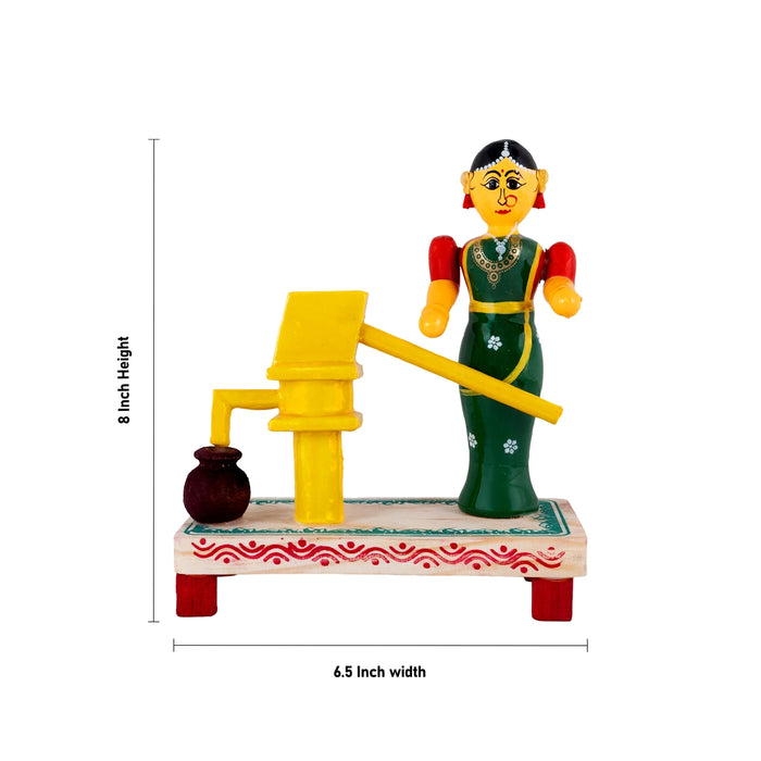 Kondapalli Bommalu - 8 x 6.5 Inches | Wooden Village Woman with Traditional Water Well Scene for Golu Display