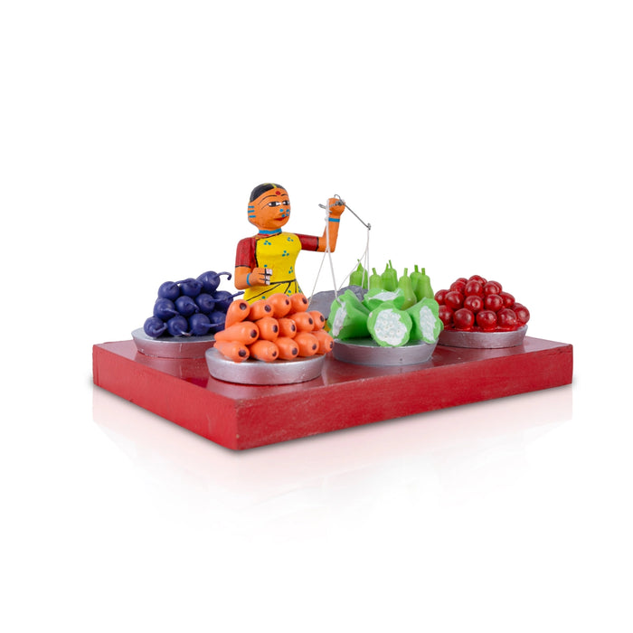 Fruit & Vegetable Seller Kondapalli Toy - 5 x 9.5 Inches | Wooden Statue/ Handmade Showpiece for Home Decor - Kondapalli Wooden Toys