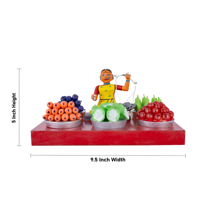 Fruit & Vegetable Seller Kondapalli Toy - 5 x 9.5 Inches | Wooden Statue/ Handmade Showpiece for Home Decor - Kondapalli Wooden Toys