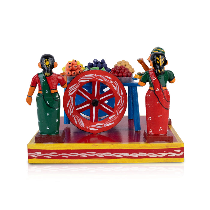 Cart Vegetable Seller Kondapalli Toy - 6.25 x 8.5 Inches | Wooden Statue/ Handmade Showpiece for Home Decor - Kondapalli Wooden Toys