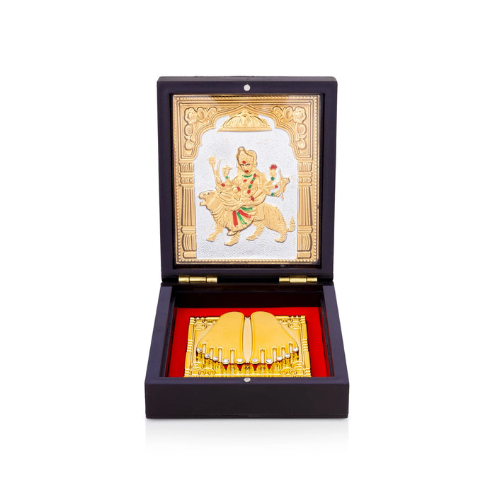 Pooja Box with Padham - 1.5 x 3.75 Inches | Gold Polish Durga Maa Puja Box/ Charan Paduka Box for Home