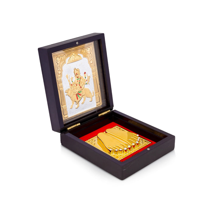 Pooja Box with Padham - 1.5 x 3.75 Inches | Gold Polish Durga Maa Puja Box/ Charan Paduka Box for Home