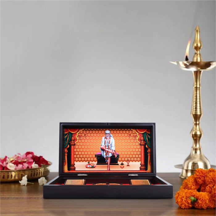 Sai Baba with Sri Padham Box - 1.5 x 8.5 Inches | Shirdisaibaba Pooja Box for Home - Pooja Box & Paduka