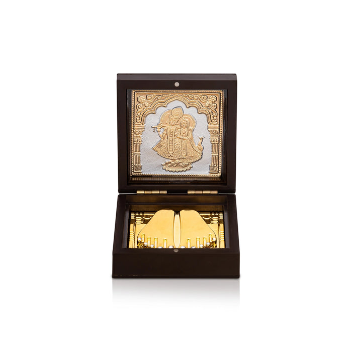 Radha Krishna Pooja Box - 3.05 x 3.05 Inches | Gold Polish Radha Krishna Puja Box/ Charan Paduka Box for Home