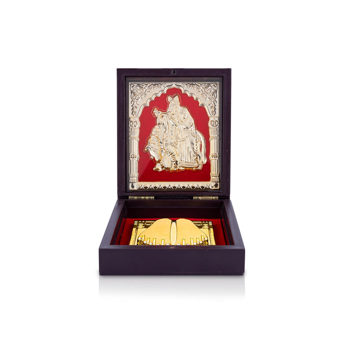Cow Radha Krishna Murti With Padham Pooja Box - 1.5 x 4 x 3 Inches | Charan Paduka Box/ Puja Box for Home - Pooja Box & Paduka