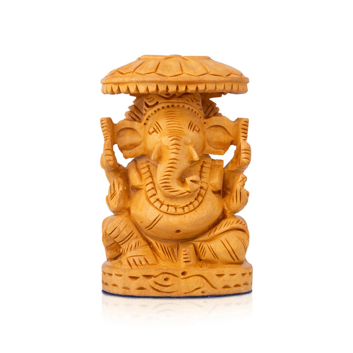 Ganapati Sitting on Base Murti - 0.5 x 0.25 Inches | Wooden Idol/ Vinayagar with Umbrella Statue for Worship