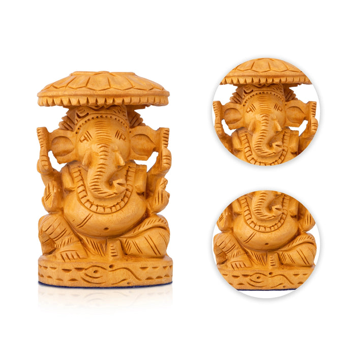 Ganapati Sitting on Base Murti - 0.5 x 0.25 Inches | Wooden Idol/ Vinayagar with Umbrella Statue for Worship