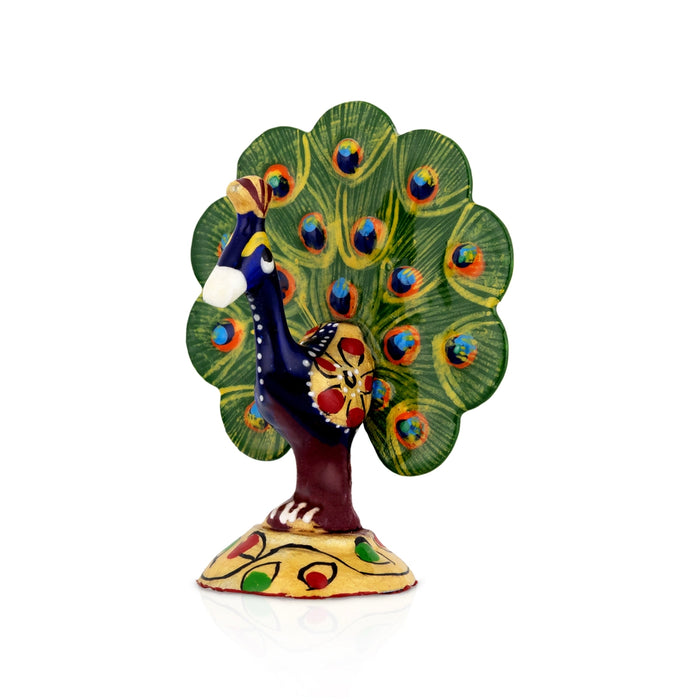 Peacock Statue - 2.5 x 2 Inches | Painted Peacock Dancing Idol/ Metal Peacock Sculpture for Home Decor - Table Stand Accessories