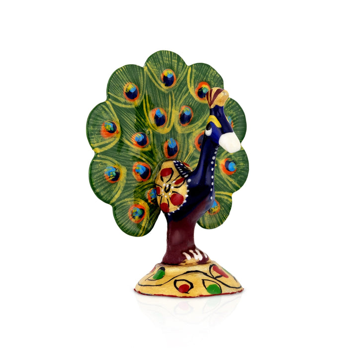 Peacock Statue - 2.5 x 2 Inches | Painted Peacock Dancing Idol/ Metal Peacock Sculpture for Home Decor - Table Stand Accessories
