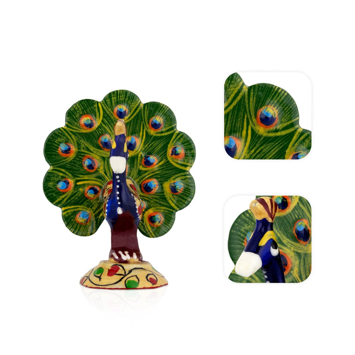 Peacock Statue - 2.5 x 2 Inches | Painted Peacock Dancing Idol/ Metal Peacock Sculpture for Home Decor - Table Stand Accessories