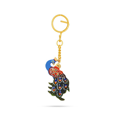 Peacock Statue Key Chain - 4.5 x 2.5 Inches | Wooden Key Holder/ Painted Peacock Sculpture Key Ring for Bike