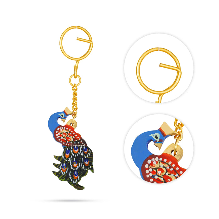 Peacock Statue Key Chain - 4.5 x 2.5 Inches | Wooden Key Holder/ Painted Peacock Sculpture Key Ring for Bike - Key Chain & Key Holder