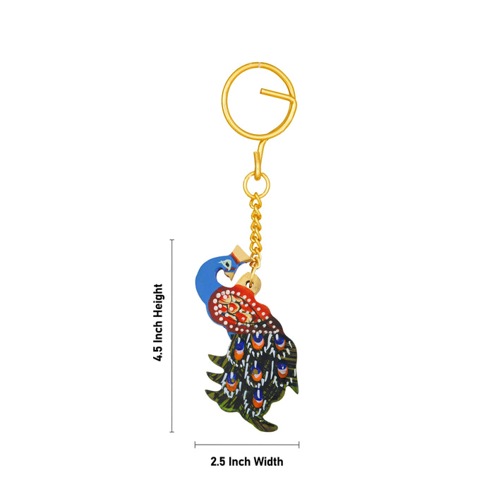 Peacock Statue Key Chain - 4.5 x 2.5 Inches | Wooden Key Holder/ Painted Peacock Sculpture Key Ring for Bike - Key Chain & Key Holder