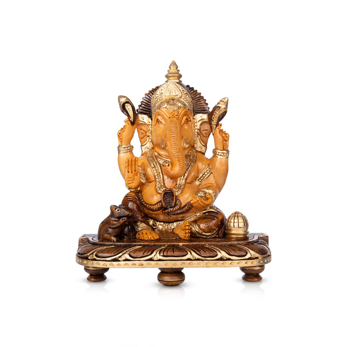 Ganesha Sitting On Chowki Murti - 3 x 2 Inches| Half Brown Wooden Idol / Vinayagar Statue for Pooja Space