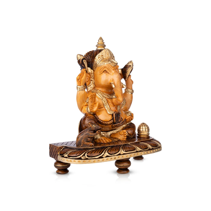 Ganesha Sitting On Chowki Murti - 3 x 2 Inches| Half Brown Wooden Idol / Vinayagar Statue for Pooja Space