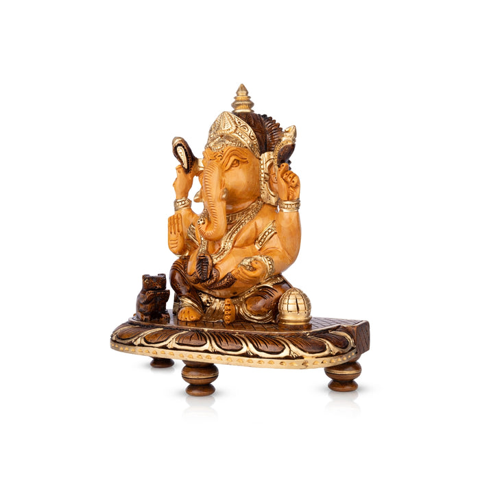 Ganesha Sitting On Chowki Murti - 3 x 2 Inches| Half Brown Wooden Idol / Vinayagar Statue for Pooja Space