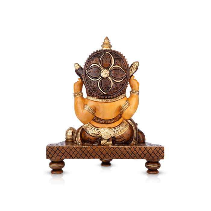 Ganesha Sitting On Chowki Murti - 3 x 2 Inches| Half Brown Wooden Idol / Vinayagar Statue for Pooja Space