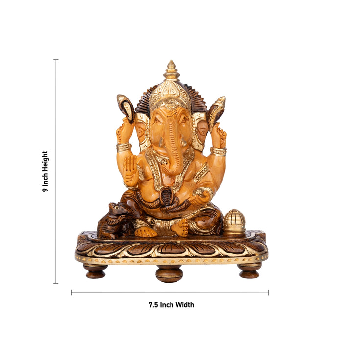 Ganesha Sitting On Chowki Murti - 3 x 2 Inches| Half Brown Wooden Idol / Vinayagar Statue for Pooja Space