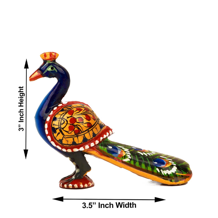 Peacock Statue - 3 x 3.5 Inches | Wooden Peacock Statue/ Painted Peacock Idol for Home Decor