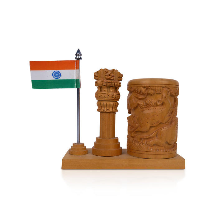 Ashoka Pillar With Pen Stand And Flag - 5.25 X 5.5 Inches | Wooden Ashok Pillar & Pen Holder For Office Desk - Table Stand Accessories