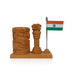 Ashoka Pillar With Pen Stand And Flag - 5.25 X 5.5 Inches | Wooden Ashok Pillar & Pen Holder For Office Desk - Table Stand Accessories