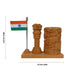 Ashoka Pillar With Pen Stand And Flag - 5.25 X 5.5 Inches | Wooden Ashok Pillar & Pen Holder For Office Desk - Table Stand Accessories