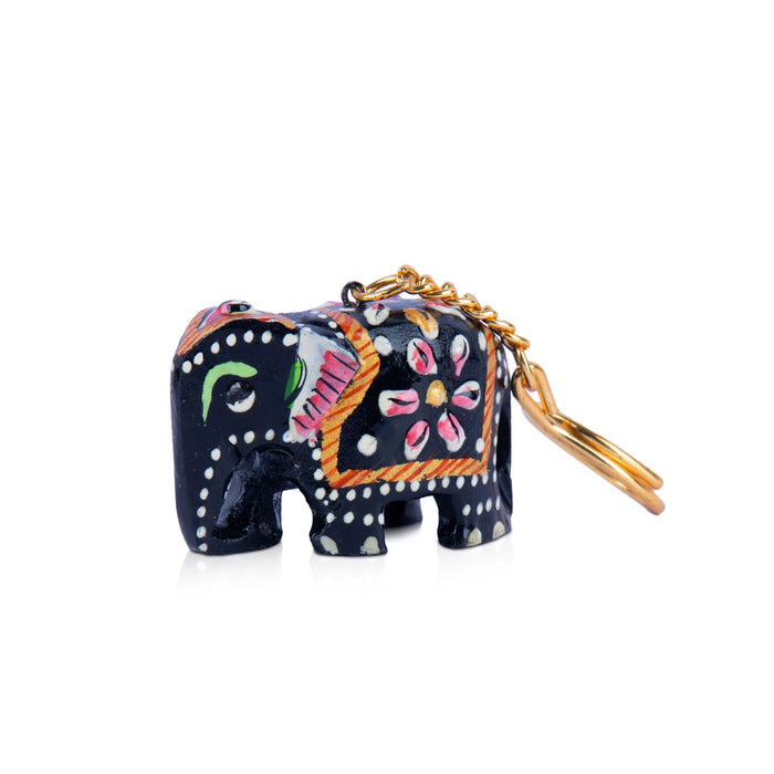 Elephant Statue Key Chain - 1.5 x 2.5 Inches | Painted Elephant Idol Key Ring/Wooden Key Holder for Car & Bike - Key Chain & Key Holder