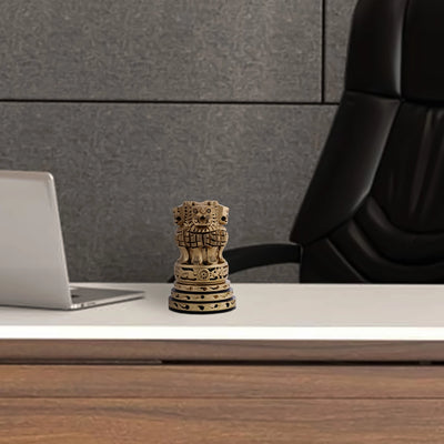 Ashoka Pillar Sculpture - 5 x 3 Inches | Wooden Statue/ Brass Polish Ashok Head Idol for Home Decor