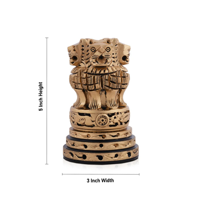 Ashoka Pillar Sculpture - 5 x 3 Inches | Wooden Statue/ Brass Polish Ashok Head Idol for Home Decor