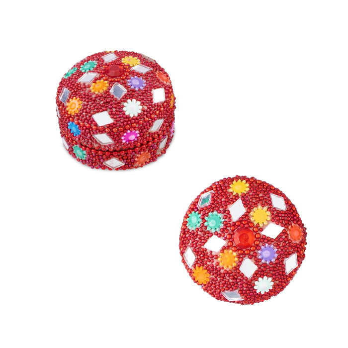 Kumkum Box - 1.25 x 1.5 Inches | Round Metal Lakh Kumkum Dabbi/ Sindoor Box for Pooja & Return Gifts