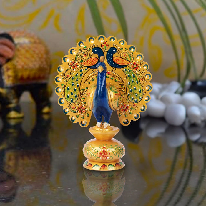 Peacock Statue - 6 x 4 Inches | Wooden Peacock Statue/ Painted Peacock Idol for Home Decor - Table Stand Accessories