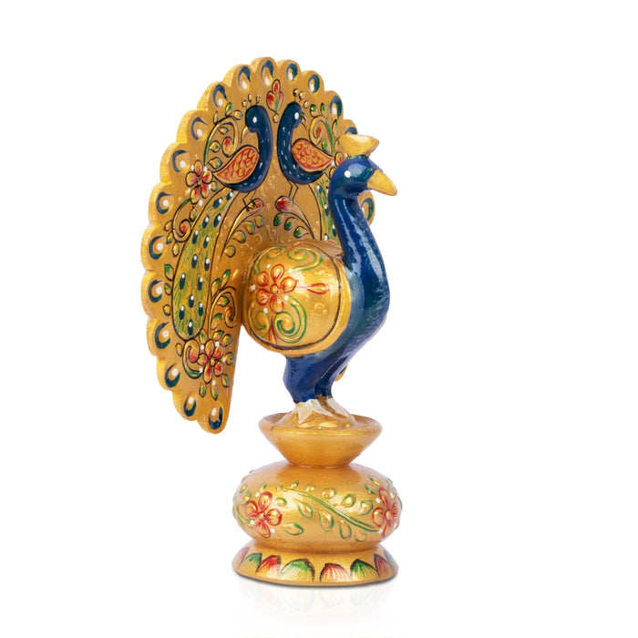 Peacock Statue - 6 x 4 Inches | Wooden Peacock Statue/ Painted Peacock Idol for Home Decor - Table Stand Accessories