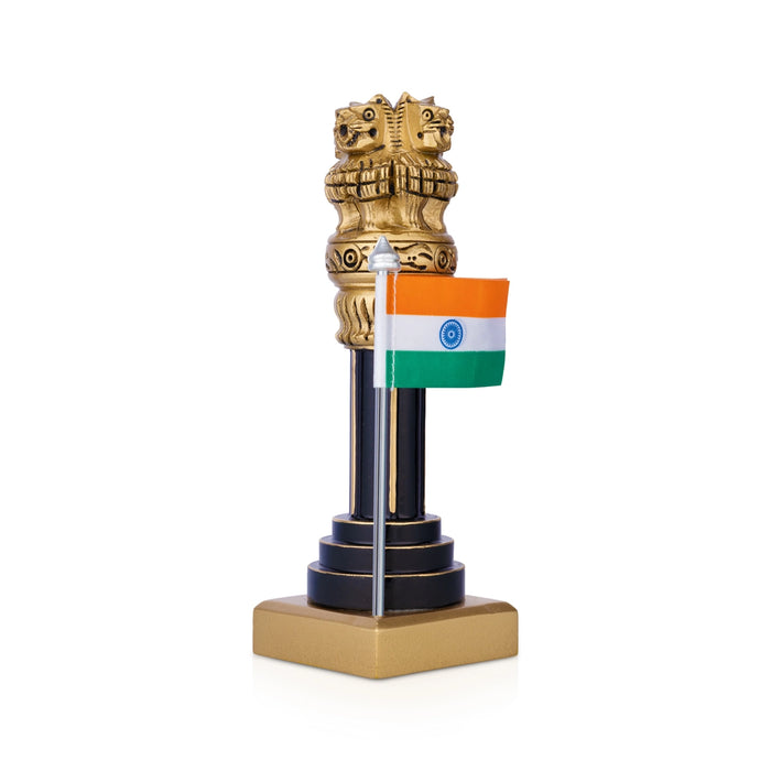 Ashoka Pillar With Flag - 7 x 2.5 Inches | Wood Sculpture/ Ashok Stambh/ Ashok Pillar For Table Decor