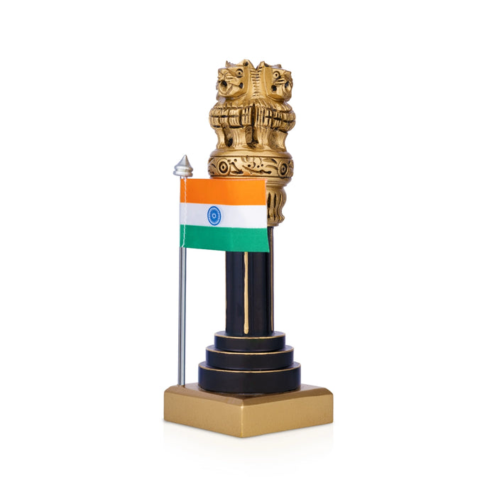 Ashoka Pillar With Flag - 7 x 2.5 Inches | Wood Sculpture/ Ashok Stambh/ Ashok Pillar For Table Decor
