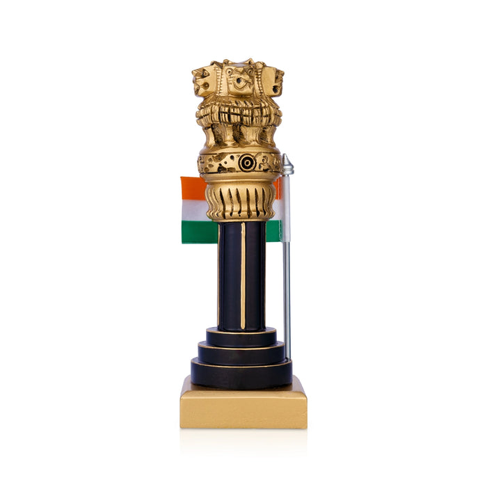 Ashoka Pillar With Flag - 7 x 2.5 Inches | Wood Sculpture/ Ashok Stambh/ Ashok Pillar For Table Decor