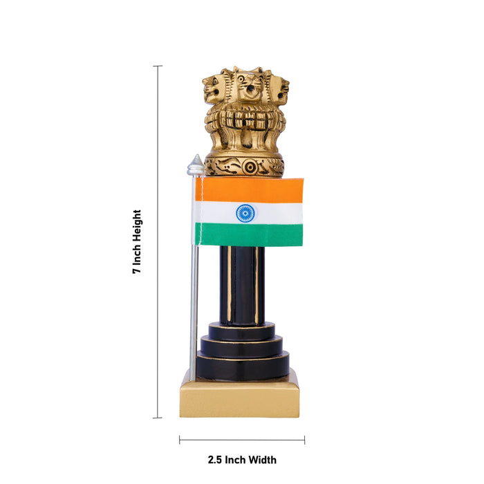 Ashoka Pillar With Flag - 7 x 2.5 Inches | Wood Sculpture/ Ashok Stambh/ Ashok Pillar For Table Decor
