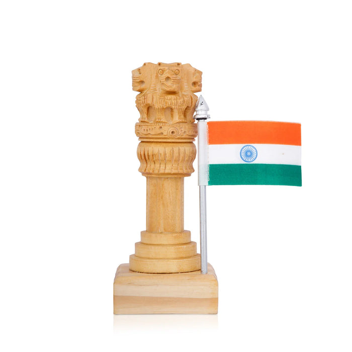 Ashoka Pillar Statue with Flag - 5 x 2 Inches | Wooden Statue/ Ashoka Pillar Idol for Home Decor