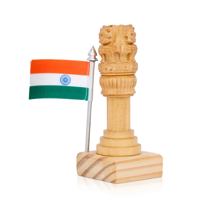 Ashoka Pillar Statue with Flag - 5 x 2 Inches | Wooden Statue/ Ashoka Pillar Idol for Home Decor