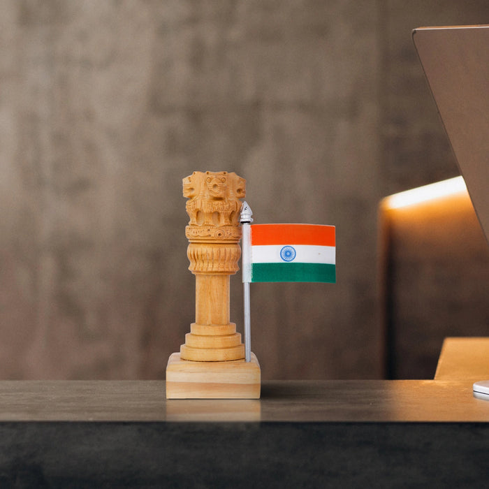 Ashoka Pillar Statue with Flag - 5 x 2 Inches | Wooden Statue/ Ashoka Pillar Idol for Home Decor - Table Stand Accessories