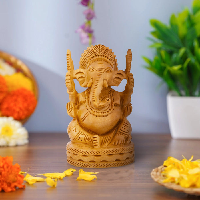 Ganesh Murti - 4 x 2.5 Inches | Wooden Ganpati Murti/ Vinayaka Idol for Home