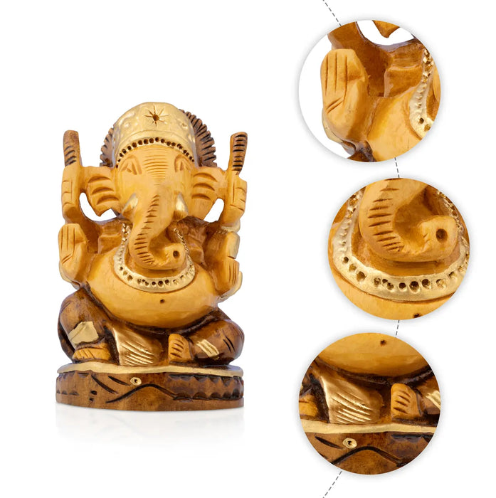 Vinayagar Murti - 3 x 2 Inches | Wooden Statue/ Half Brown Ganapati Idol/ Ganesha Statue for Home & Pooja