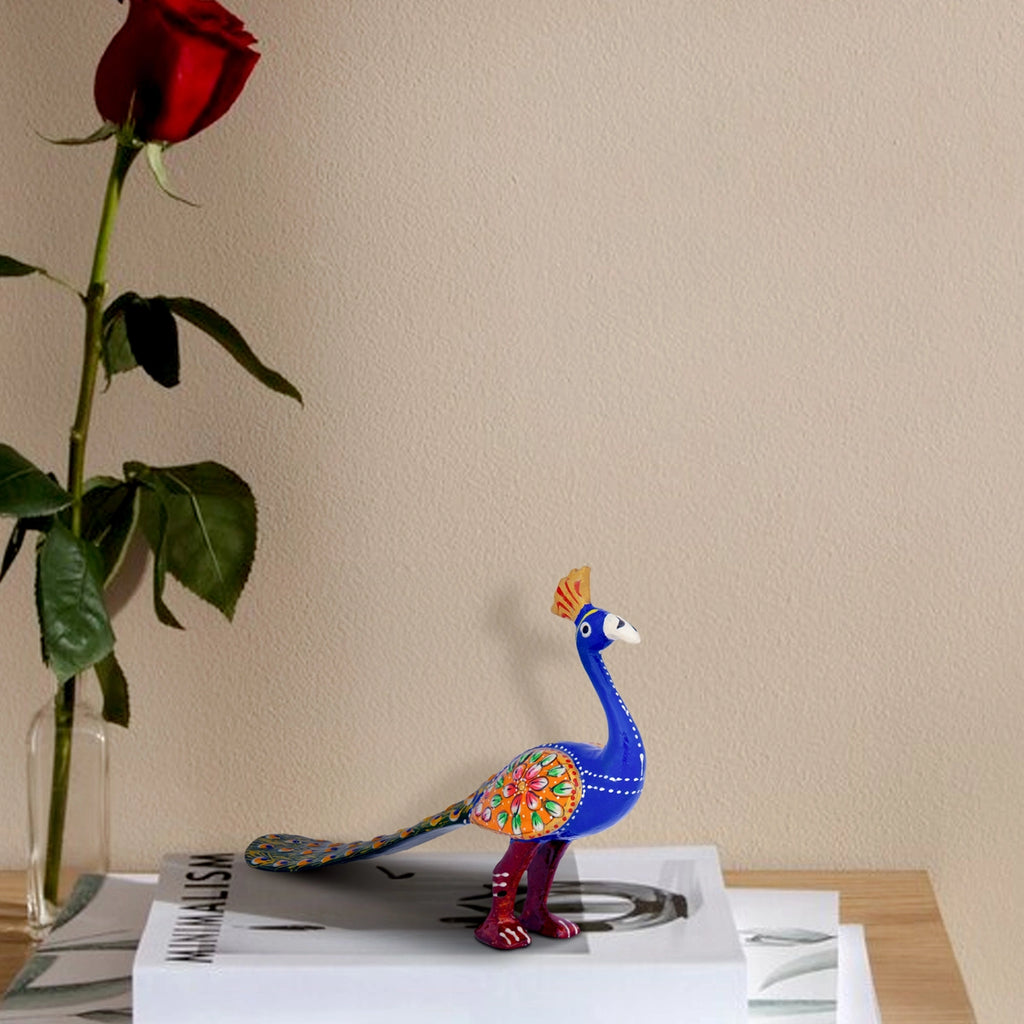 Peacock Statue – 5 x 8 Inches | Metal Peacock Idol/ Painted Peacock Figurine for Home