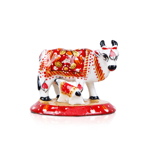 Cow and Calf Idol - 2 x 2.5 Inches | Painted Metal Kamadhenu Statue/ Cow Calf Idol for Pooja - Table Stand Accessories