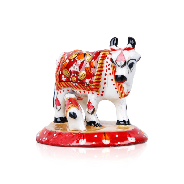 Cow and Calf Idol - 2 x 2.5 Inches | Painted Metal Kamadhenu Statue/ Cow Calf Idol for Pooja - Table Stand Accessories