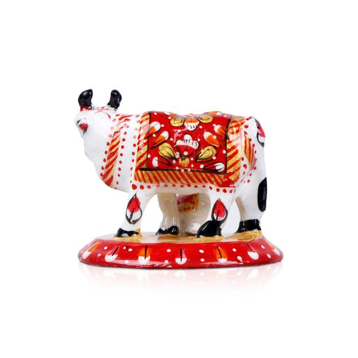 Cow and Calf Idol - 2 x 2.5 Inches | Painted Metal Kamadhenu Statue/ Cow Calf Idol for Pooja - Table Stand Accessories