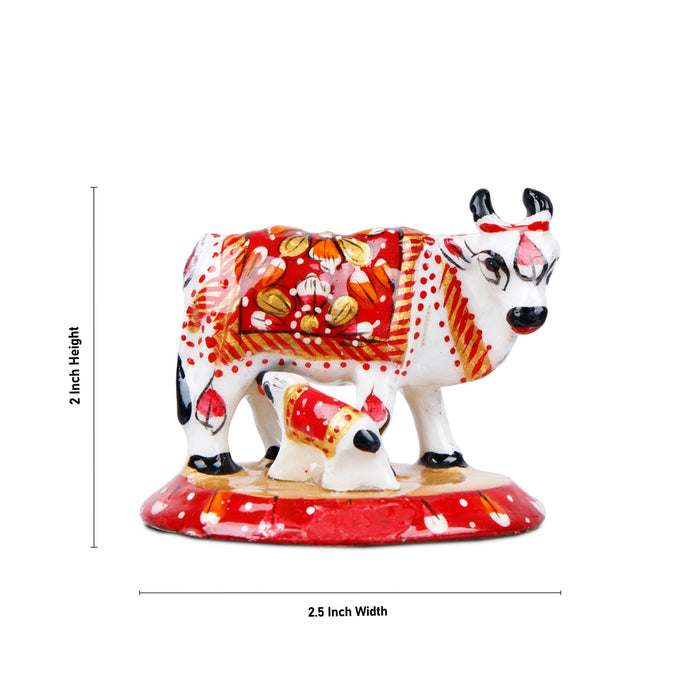 Cow and Calf Idol - 2 x 2.5 Inches | Painted Metal Kamadhenu Statue/ Cow Calf Idol for Pooja - Table Stand Accessories