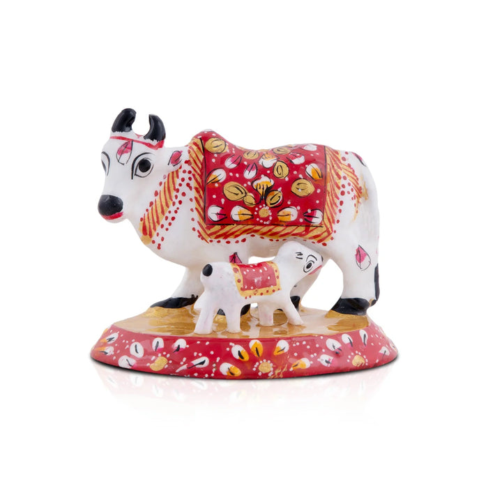 Cow and Calf Idol - 3 x 3.5 Inches | Metal Kamadhenu Statue/ Cow Calf Idol for Pooja