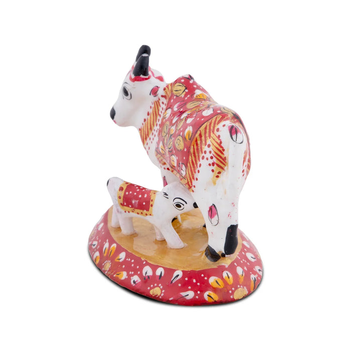 Cow and Calf Idol - 3 x 3.5 Inches | Metal Kamadhenu Statue/ Cow Calf Idol for Pooja - Table Stand Accessories